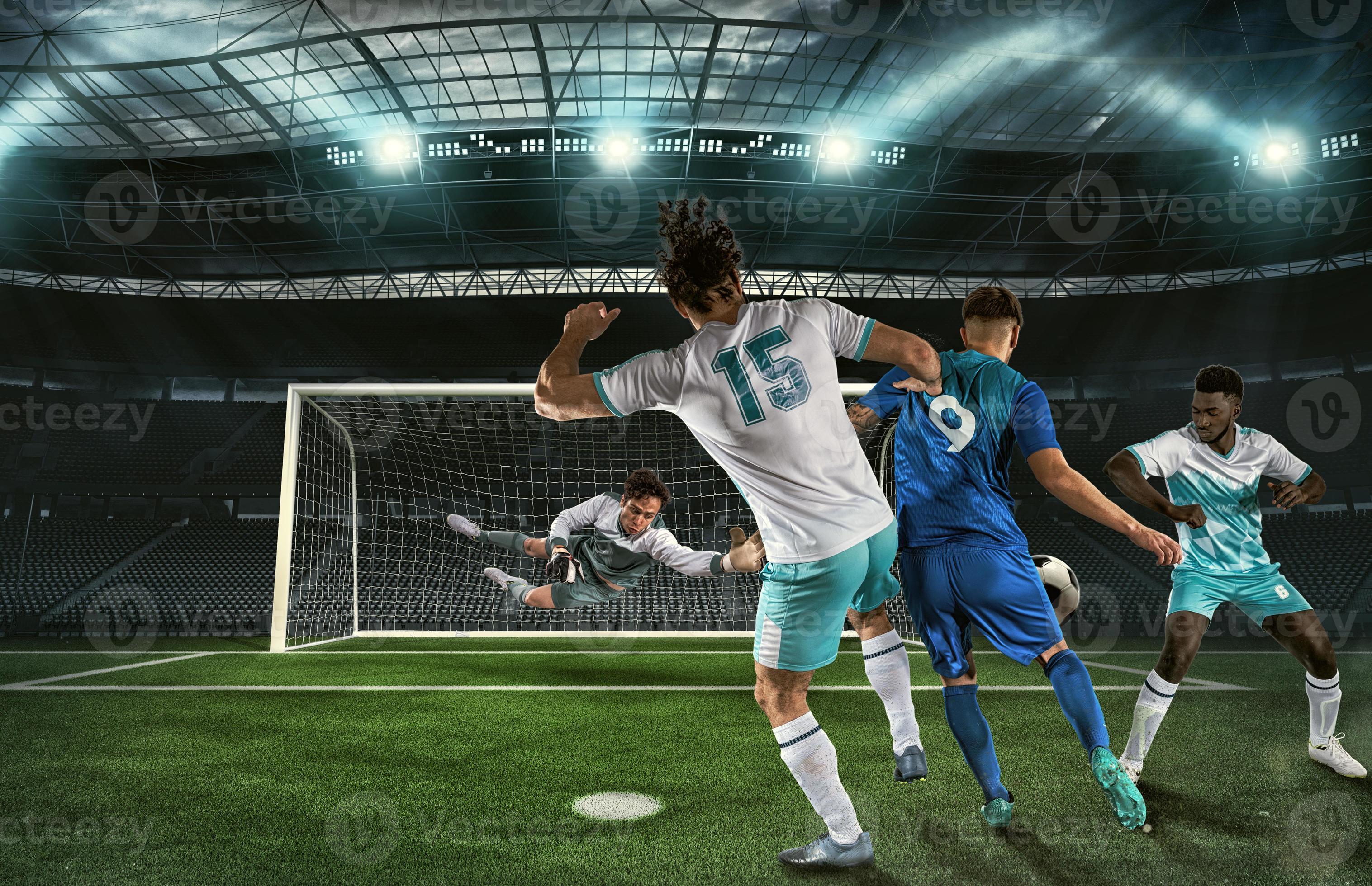 Football action in attack with the attacker contrasted by the defenders