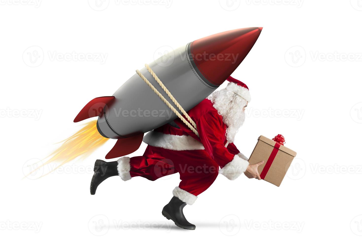 Fast delivery of Christmas gifts ready to fly with a rocket isolated on white background photo