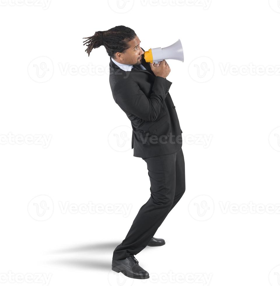 Businessman fearful use the megaphone photo