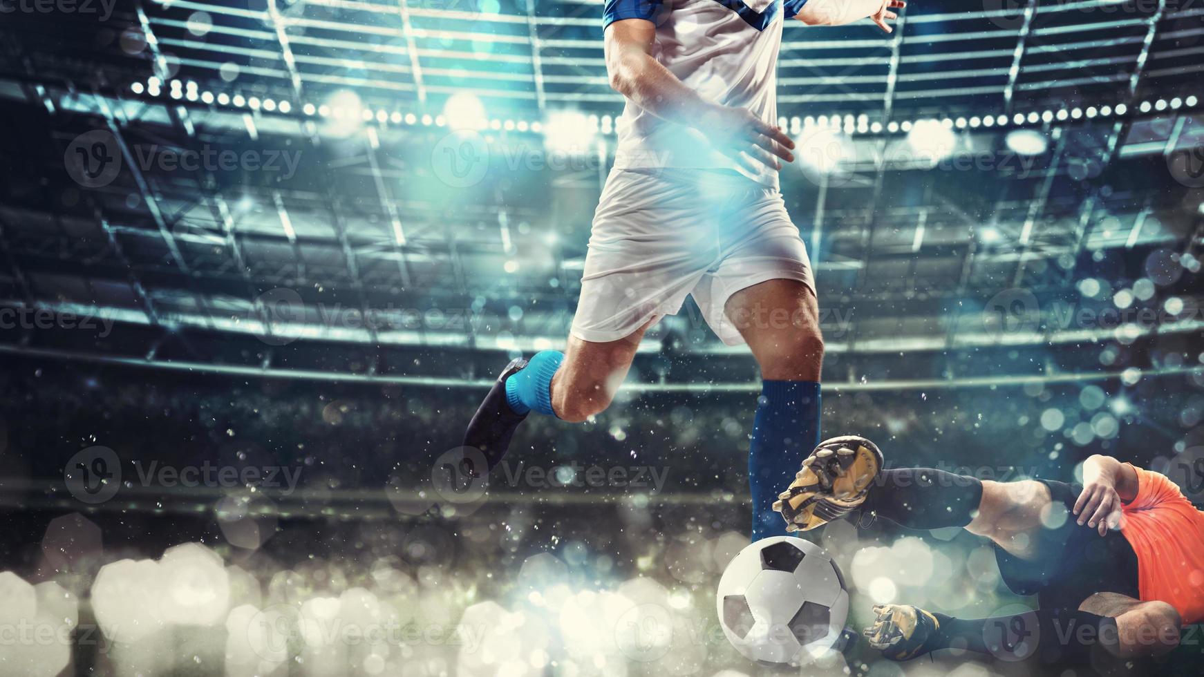 Close up of a football action scene with competing soccer players at the stadium photo