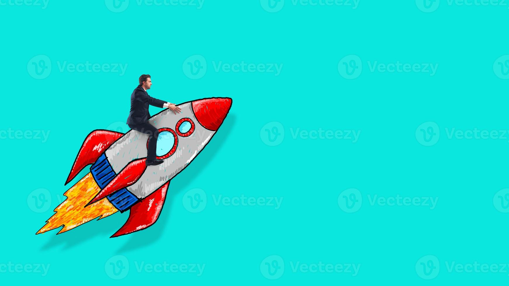 Sketch of a business man taking off on a rocket on a cyan background. Startup and ambition concept photo