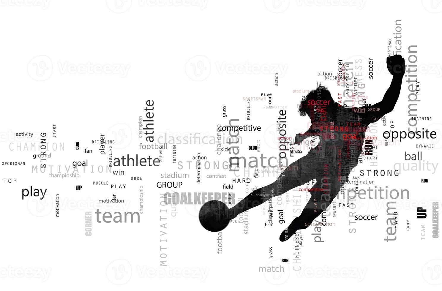 Football scene of a soccer player silhouette in action. Text effect in overlay with the most used terms. Abstract background photo