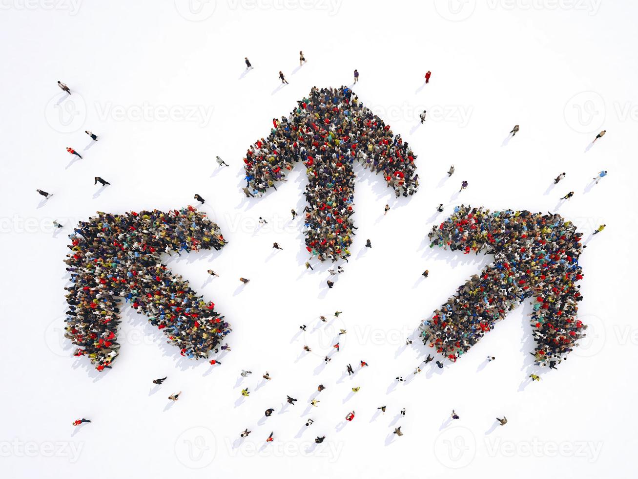 Crowd of people forming three arrows that go in three different directions. 3D Rendering photo