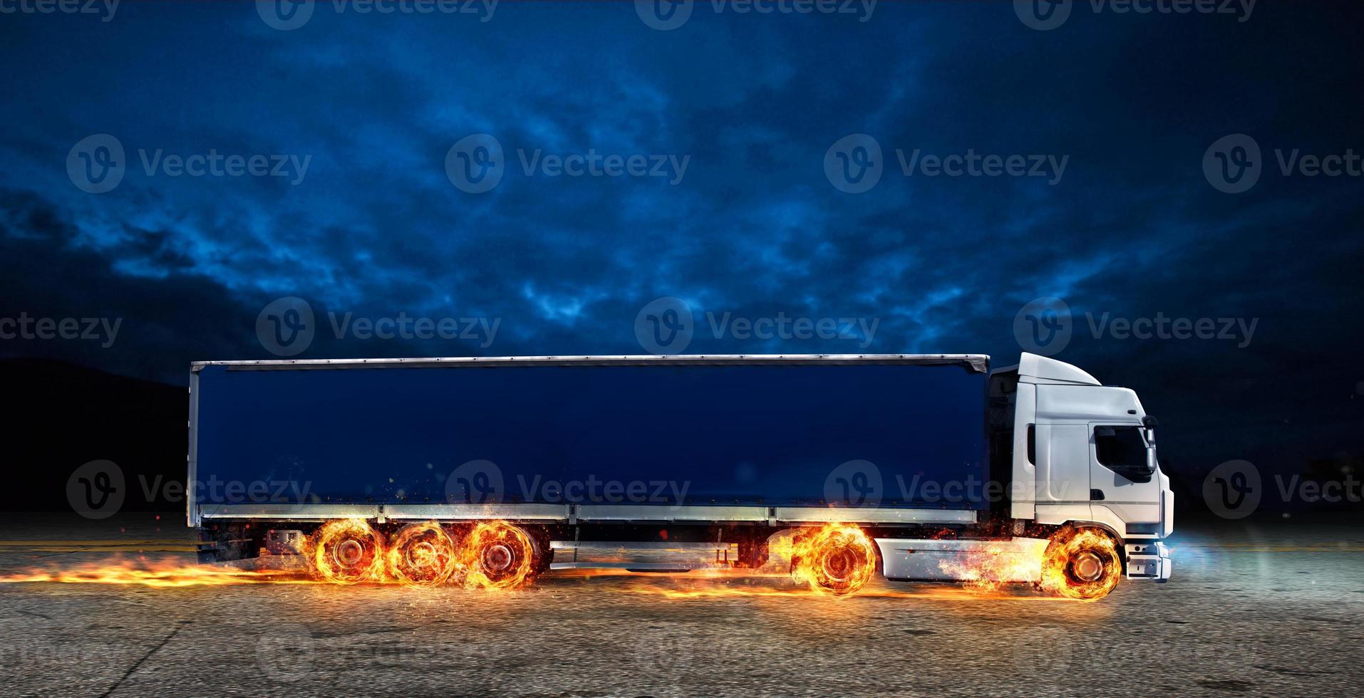 Super fast delivery of package service with a truck with wheels on fire photo