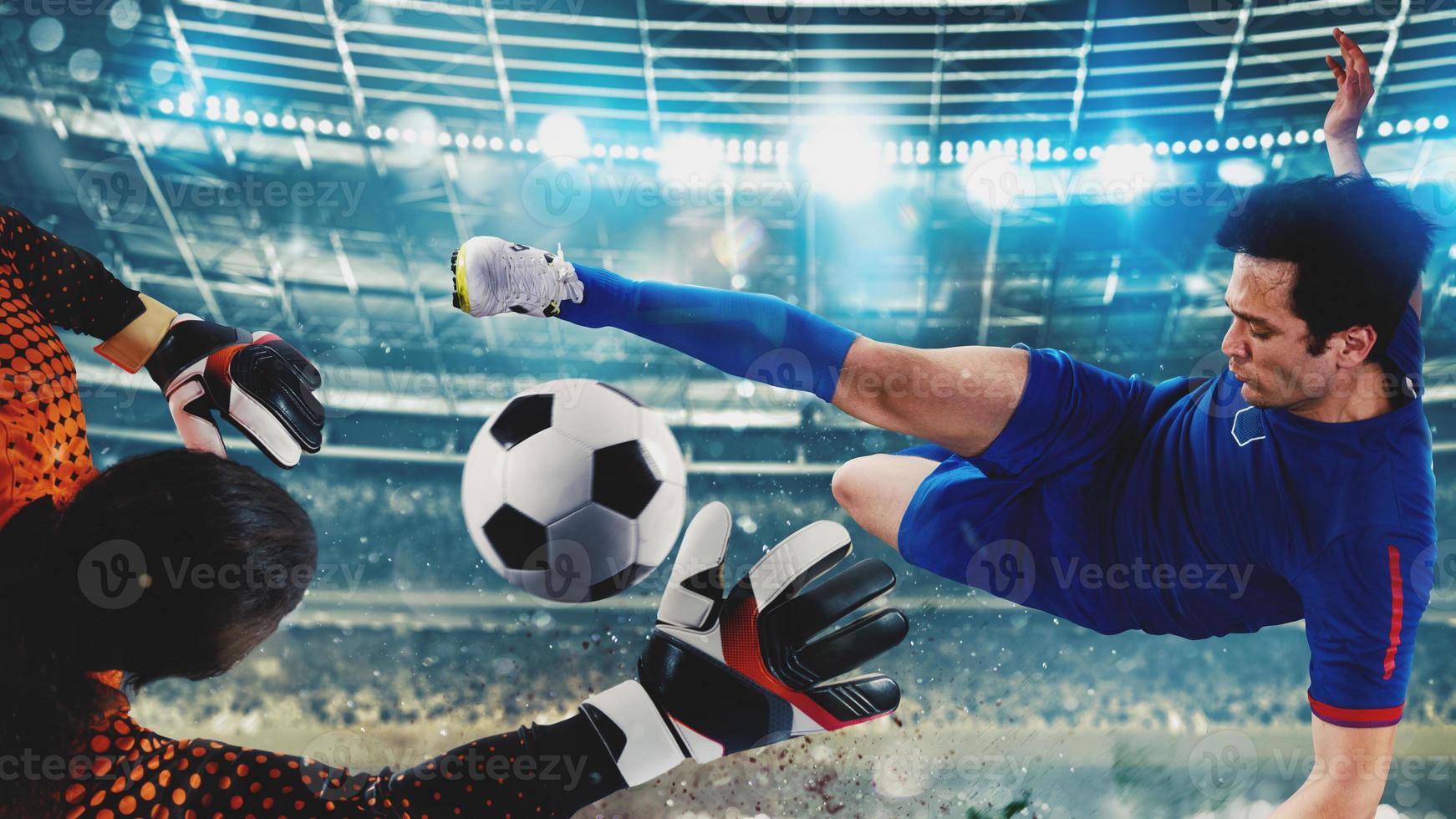 Football close up scene at the stadium of a goalkeeper that catches a soccer ball photo