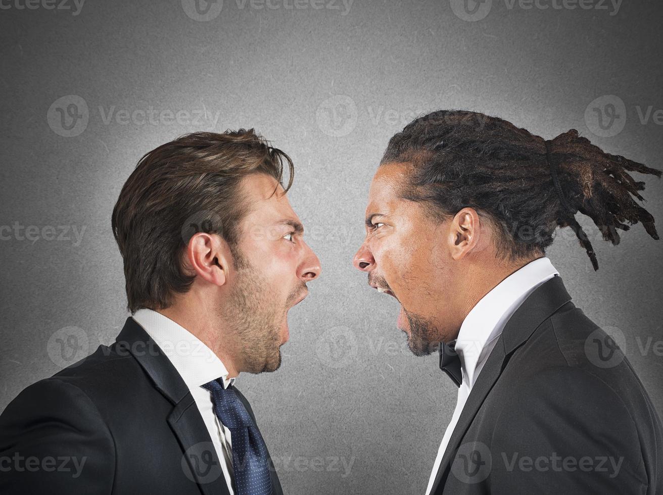 Angry employees scream against photo