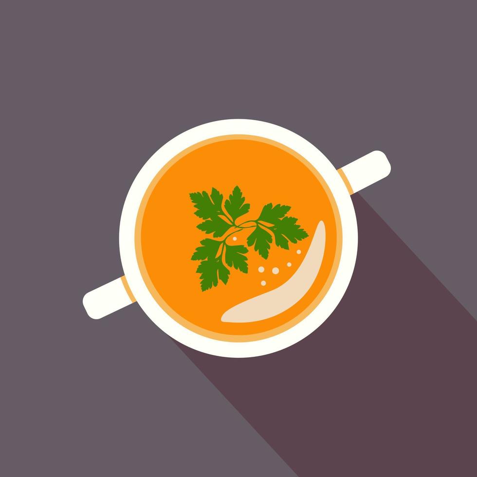 Pumpkin soup with parsley leaves decoration, vector flat illustration