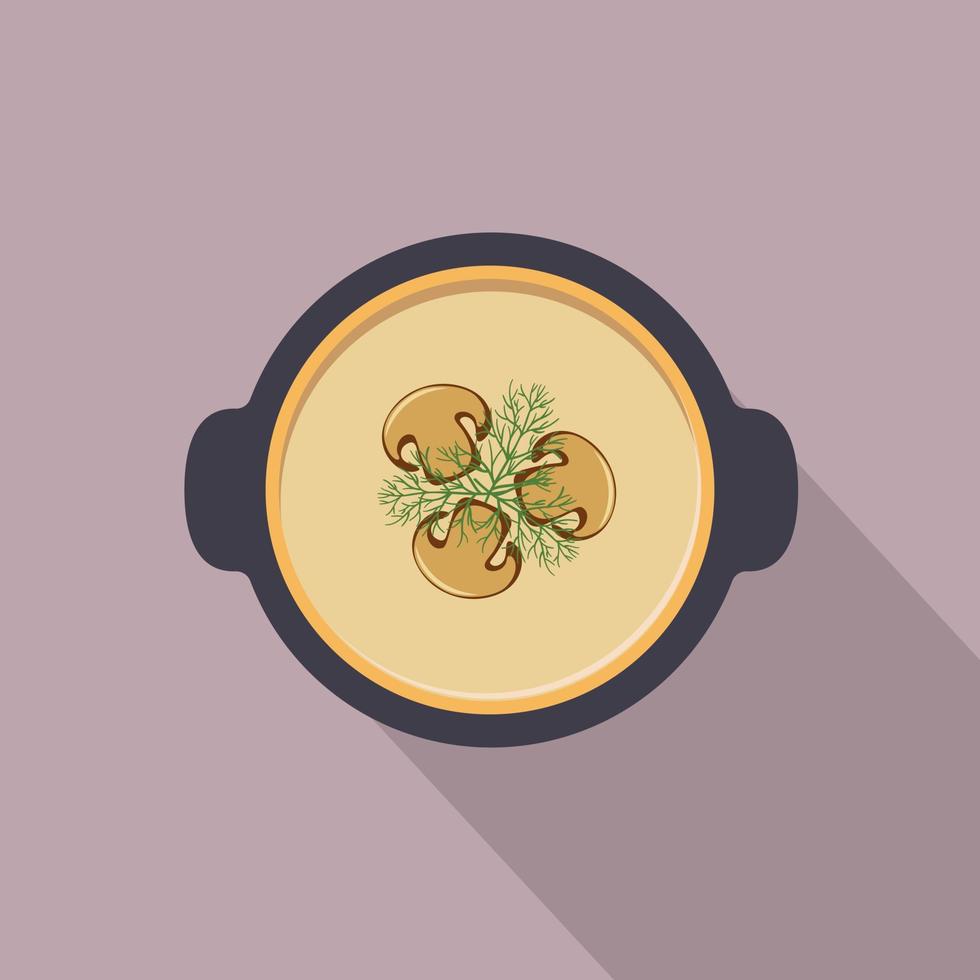 Mushroom soup puree with dill sprigs and champignon pieces decoration, vector illustration in flat style