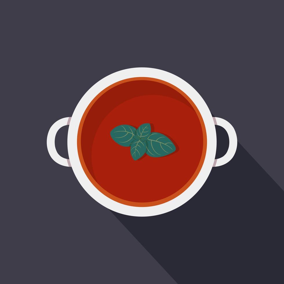 Tomato puree soup with basil leaves, flat style vector illustration