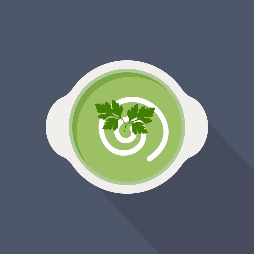 Spinach puree soup in a bowl garnished with parsley leaves, vector illustration in flat style. Green soup