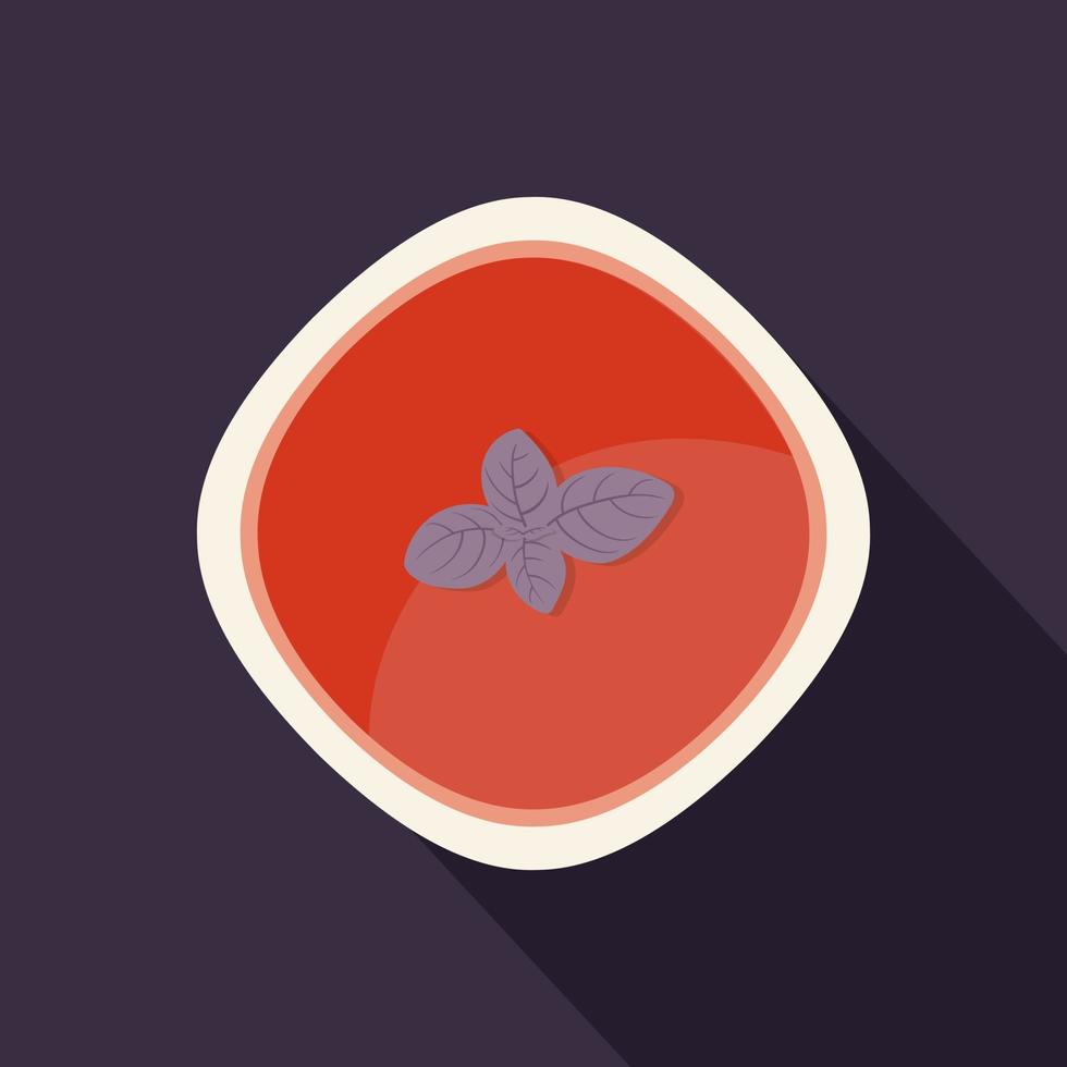 Tomato puree soup in a bowl with basil leaves decoration, flat style vector illustration