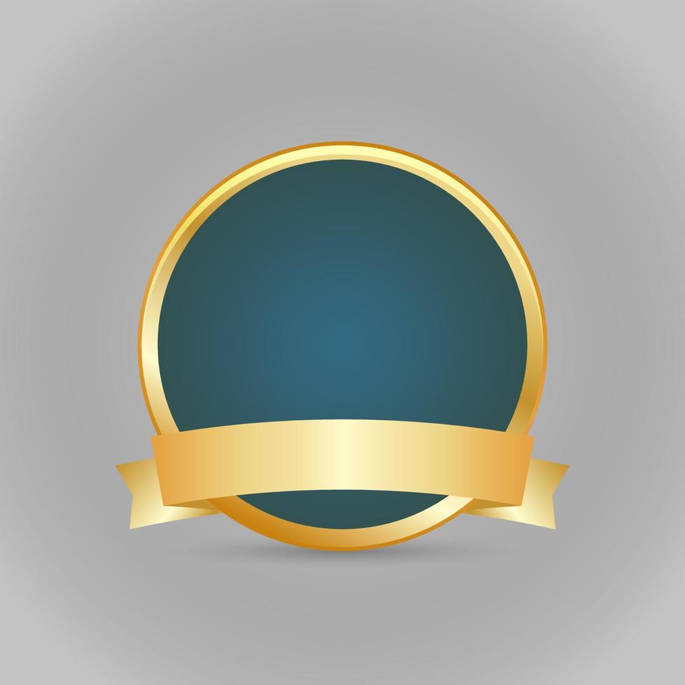 Gold round badge with golden ribbon. Vector illustration on a gray background. Background basis for banner with ribbon for text.