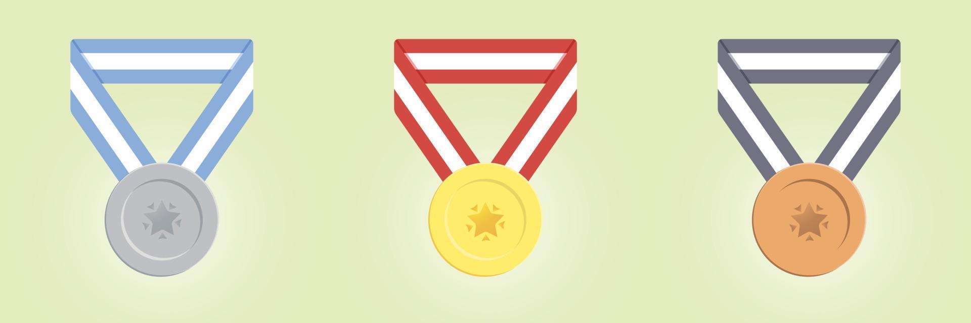 Gold, silver and bronze medals on a light green background. Vector illustration in flat style.