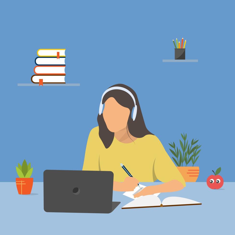 Vector illustration of a female student studying at home with laptop, books and headphones