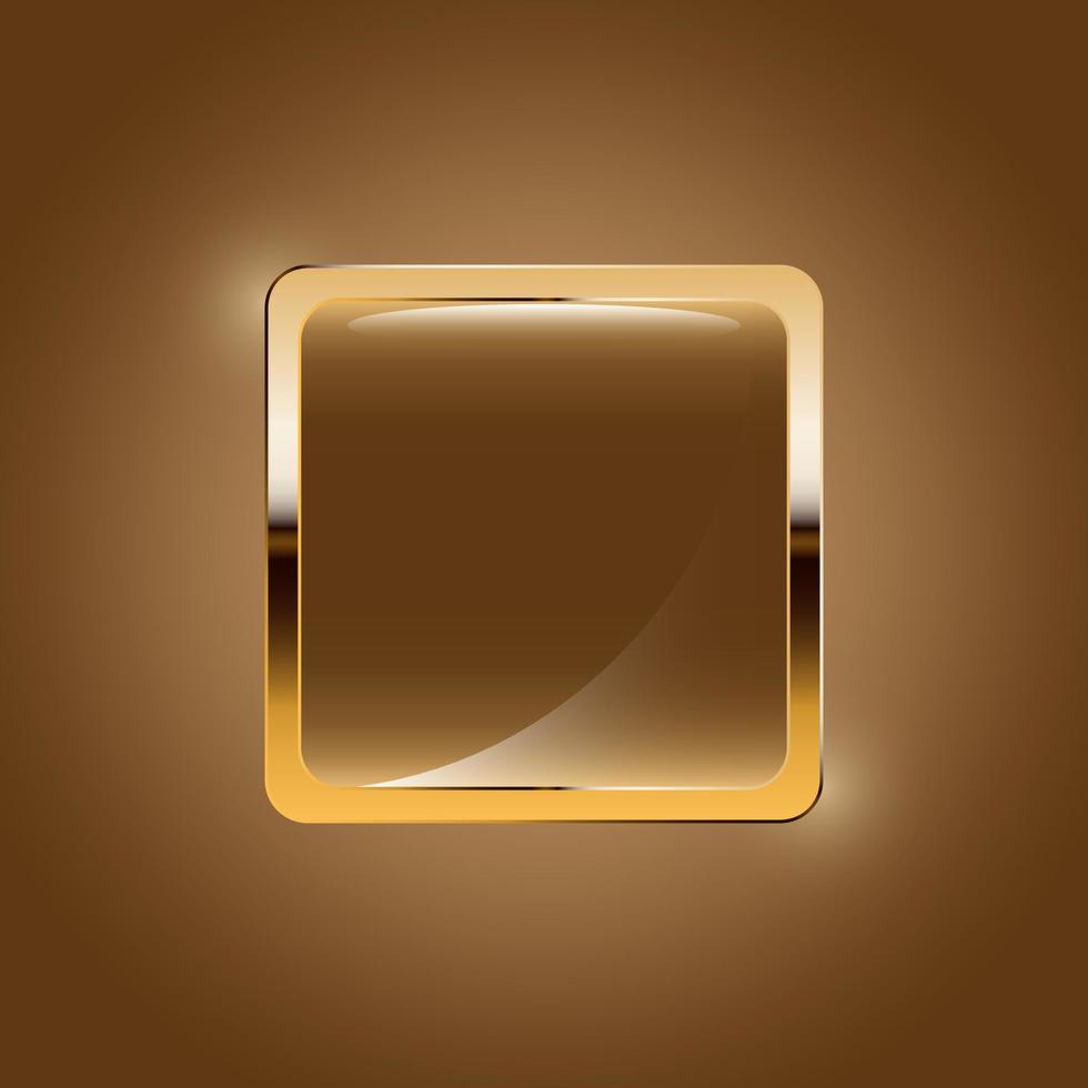 Gold square button with shadow on brown gradient background. vector