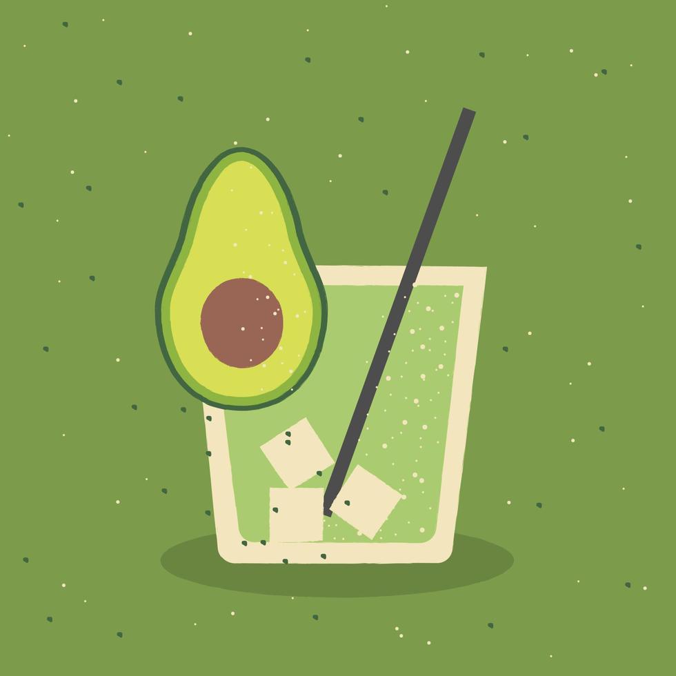Refreshing smoothie with avocado and ice in glass with straw. Retro style vector illustration.