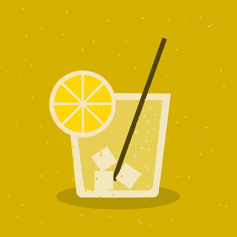 Lemonade with ice in glass with straw over yellow background, retro style vector illustration.