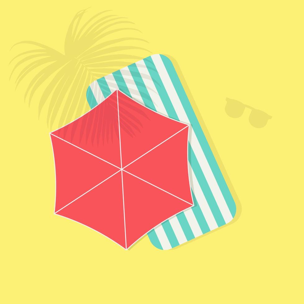 Summer concept with beach umbrella, inflatable mattress and sunglasses. Flat design. Vector illustration.