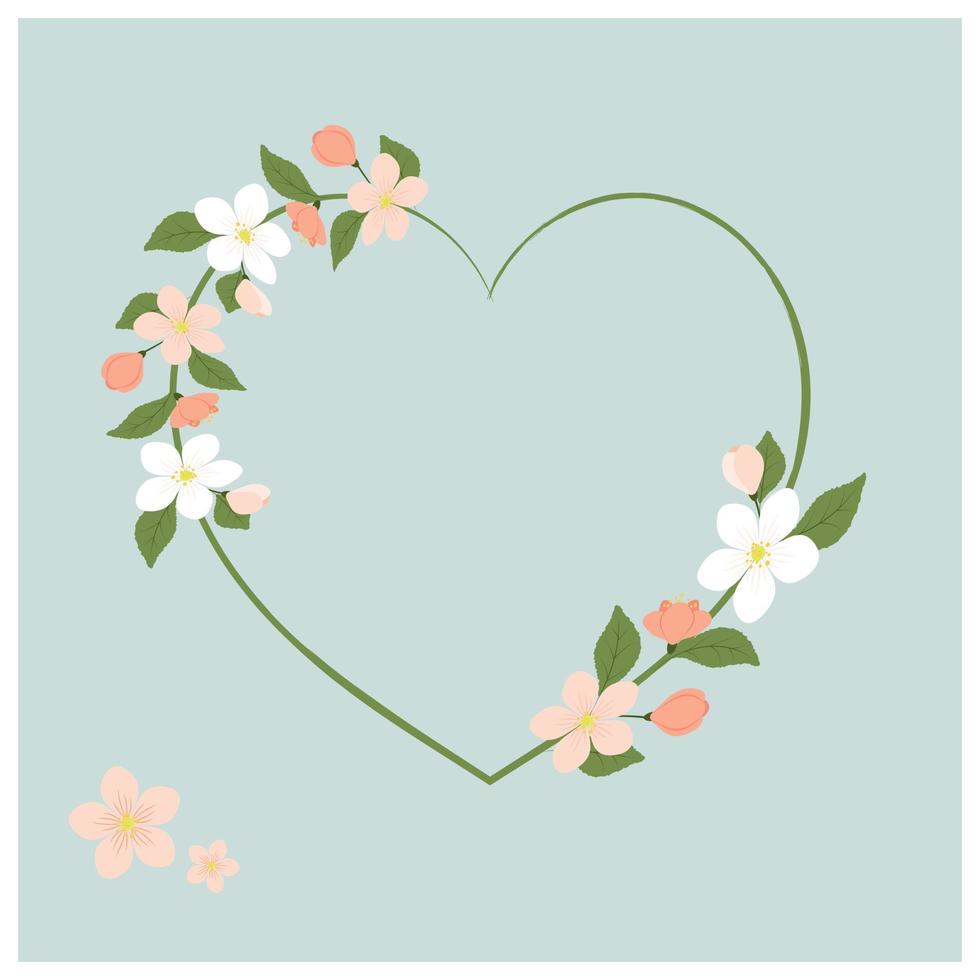 Heart shaped frame with apple blossom flowers and leaves. Vector illustration. Basis for banner, postcard, poster, invitation.