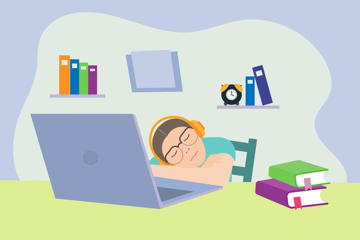 Vector illustration of a girl sleeping in front of a laptop at home.