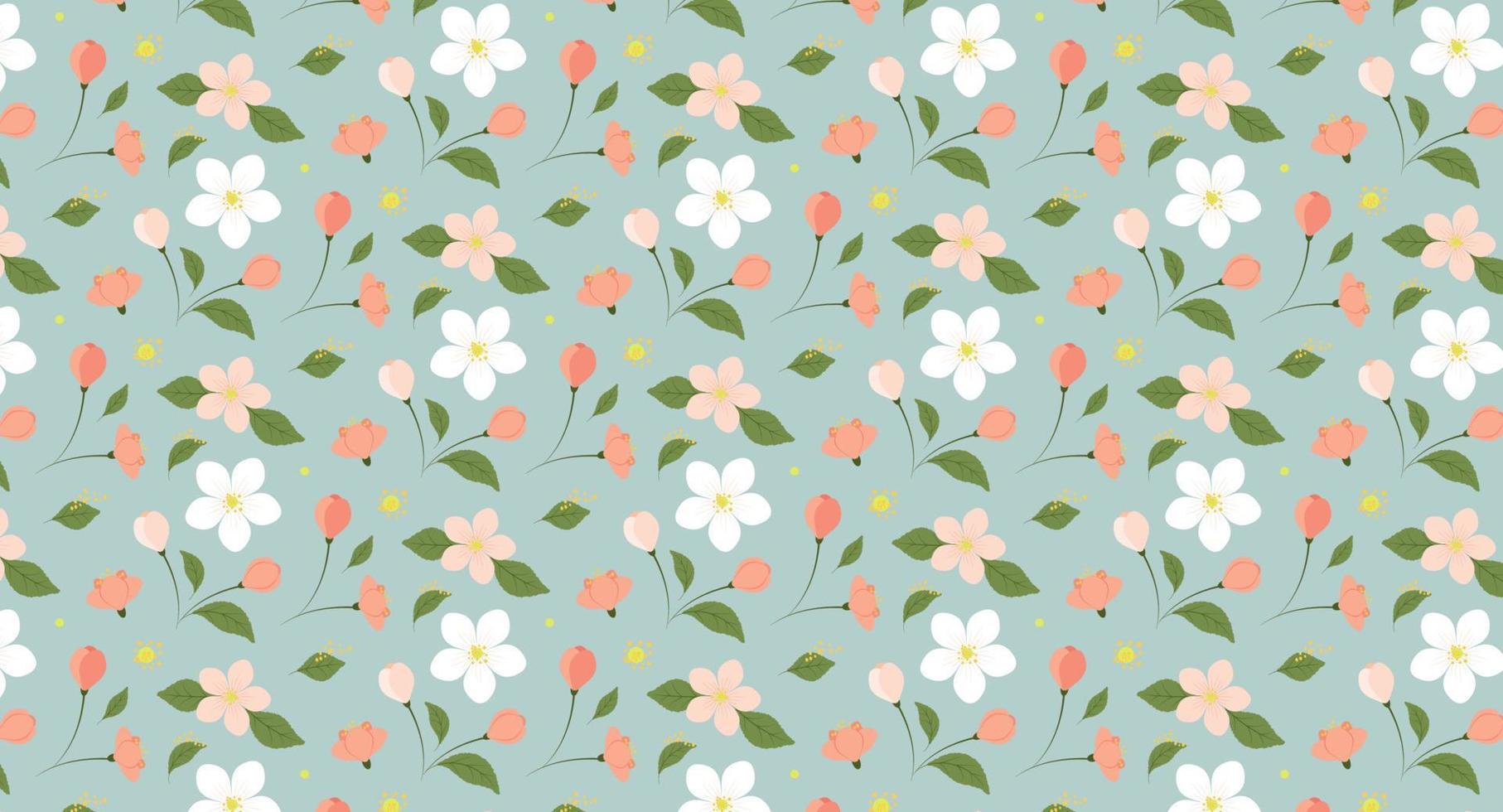 Seamless pattern with apple blossom flowers and leaves on a gray-blue background. vector