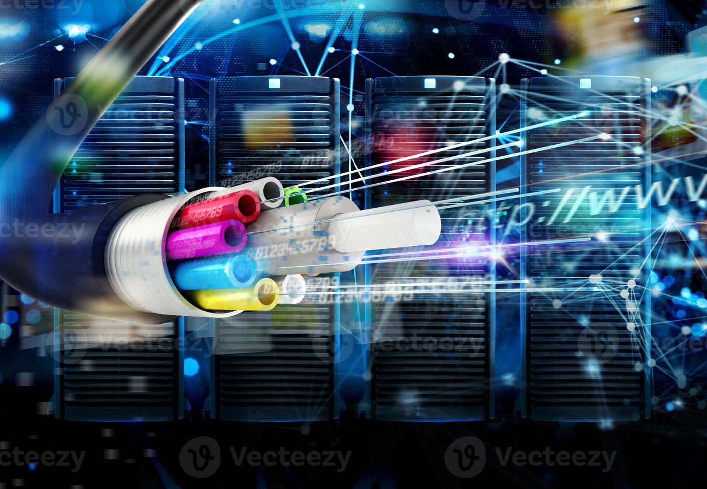 Internet connection with the fiber optic cables. Concept of fast server data center with network internet effects. photo