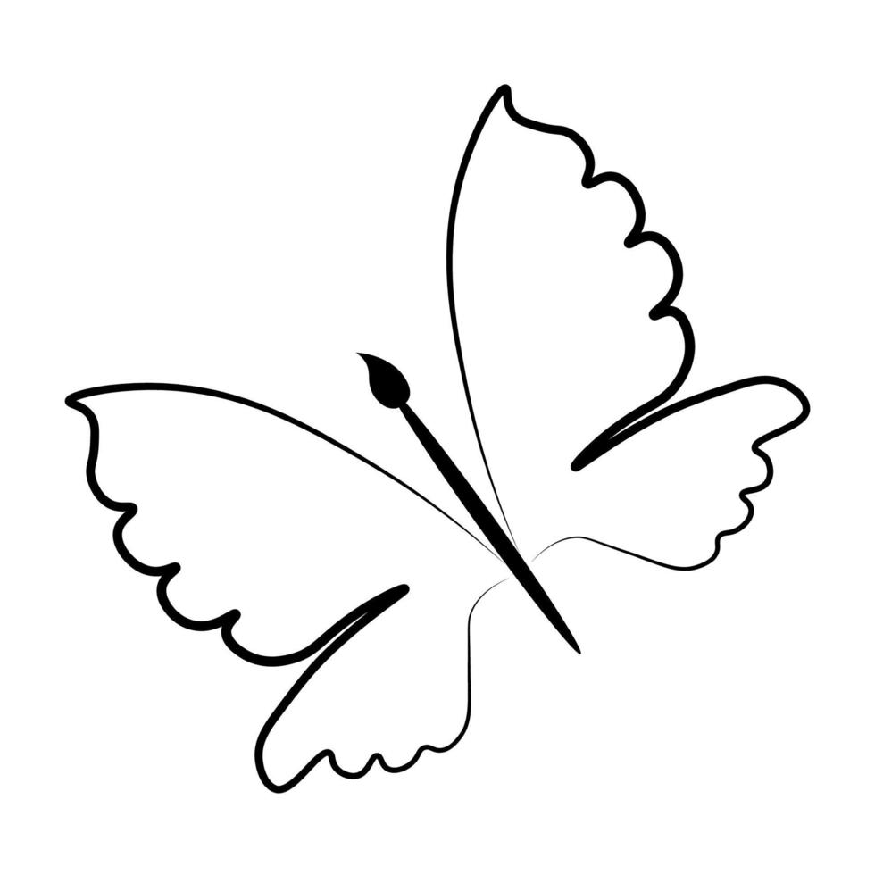 Butterfly silhouette, art brush instead of body, flat vector, isolate on white, contour drawing, logo for creative people vector