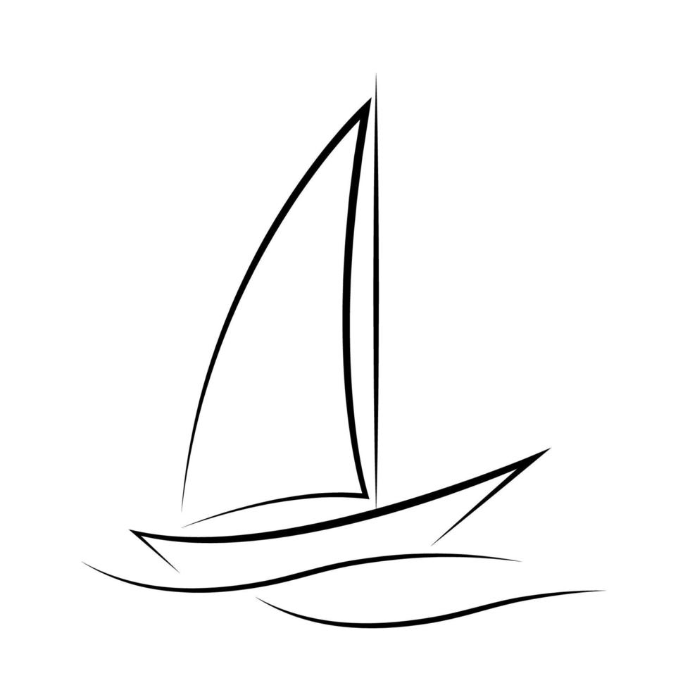 Outline of a ship on the waves, flat vector, isolate on white, contour drawing, silhouette vector