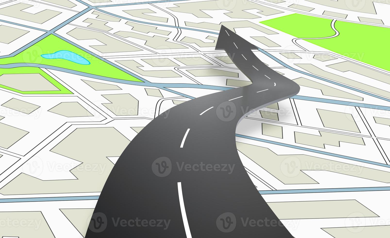 Arrow shaped road indicating the direction above a navigation map. 3D Rendering photo