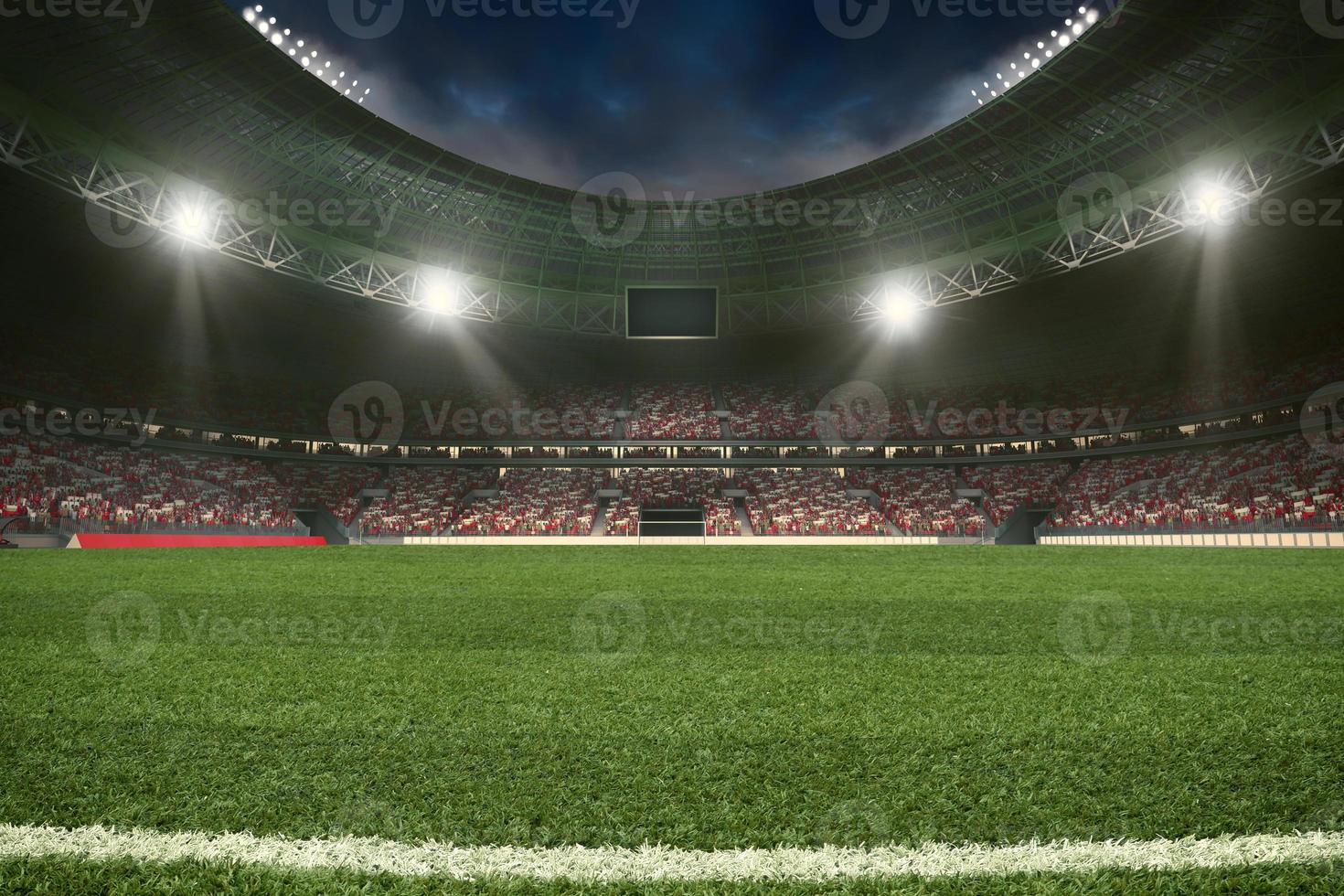 fútbol americano estadio con el soportes lleno de aficionados esperando para el noche juego. 3d representación foto