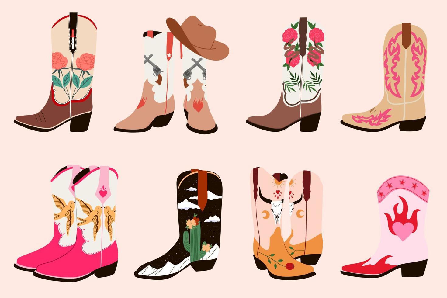 Set of cowboy boots with different ornaments. Wild West fashion style. Cartoon flat illustrations. Hand drawn vector set