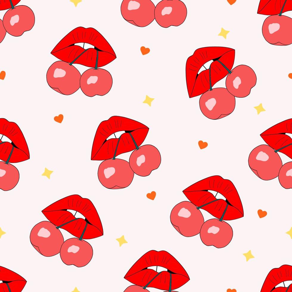 Seamless pattern with lips. Lips hold cherries. Romantic red feminine design. Sexy lips. Perfect for package, wrapping paper and gift, fabric vector