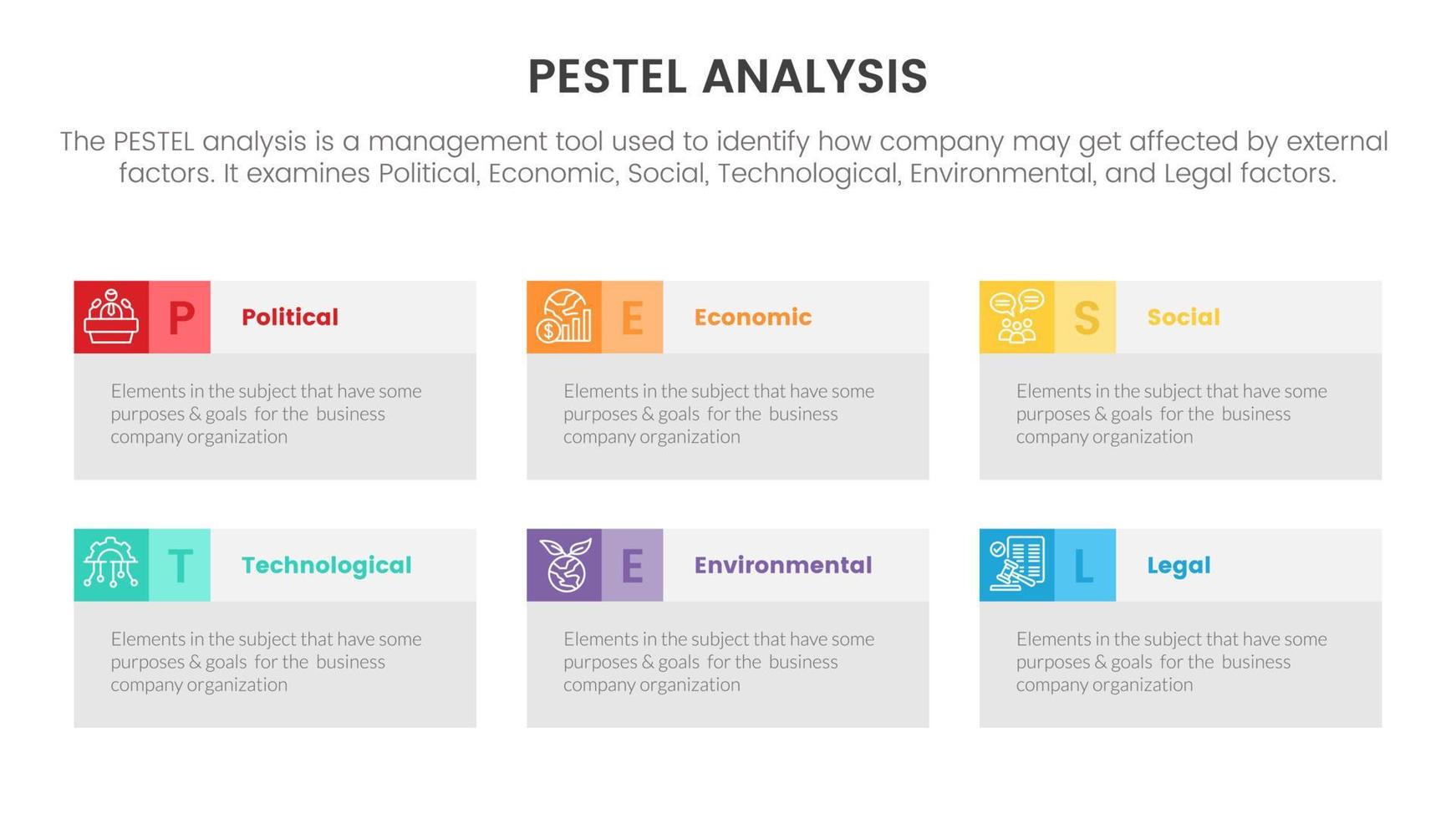 pestel business analysis tool framework infographic with table box information 6 point stages concept for slide presentation vector
