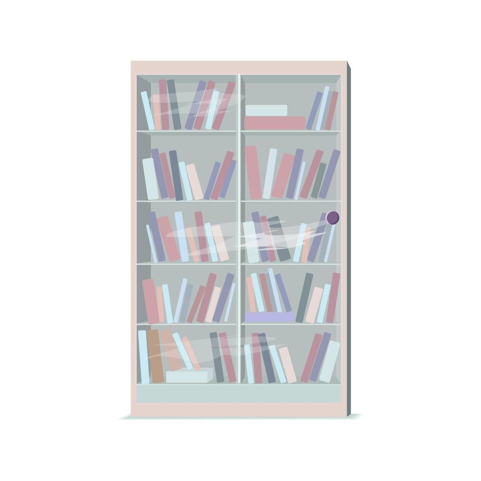 Modern bookcase with glass door, shelves and books. Vector illustration isolated on a white background