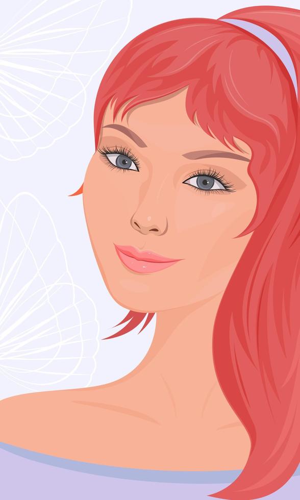 Portrait of a red-haired girl in close-up with her hair gathered in a high ponytail. With an open neck. On a delicate background with a drawing of the contours of butterfly wings, vector illustration