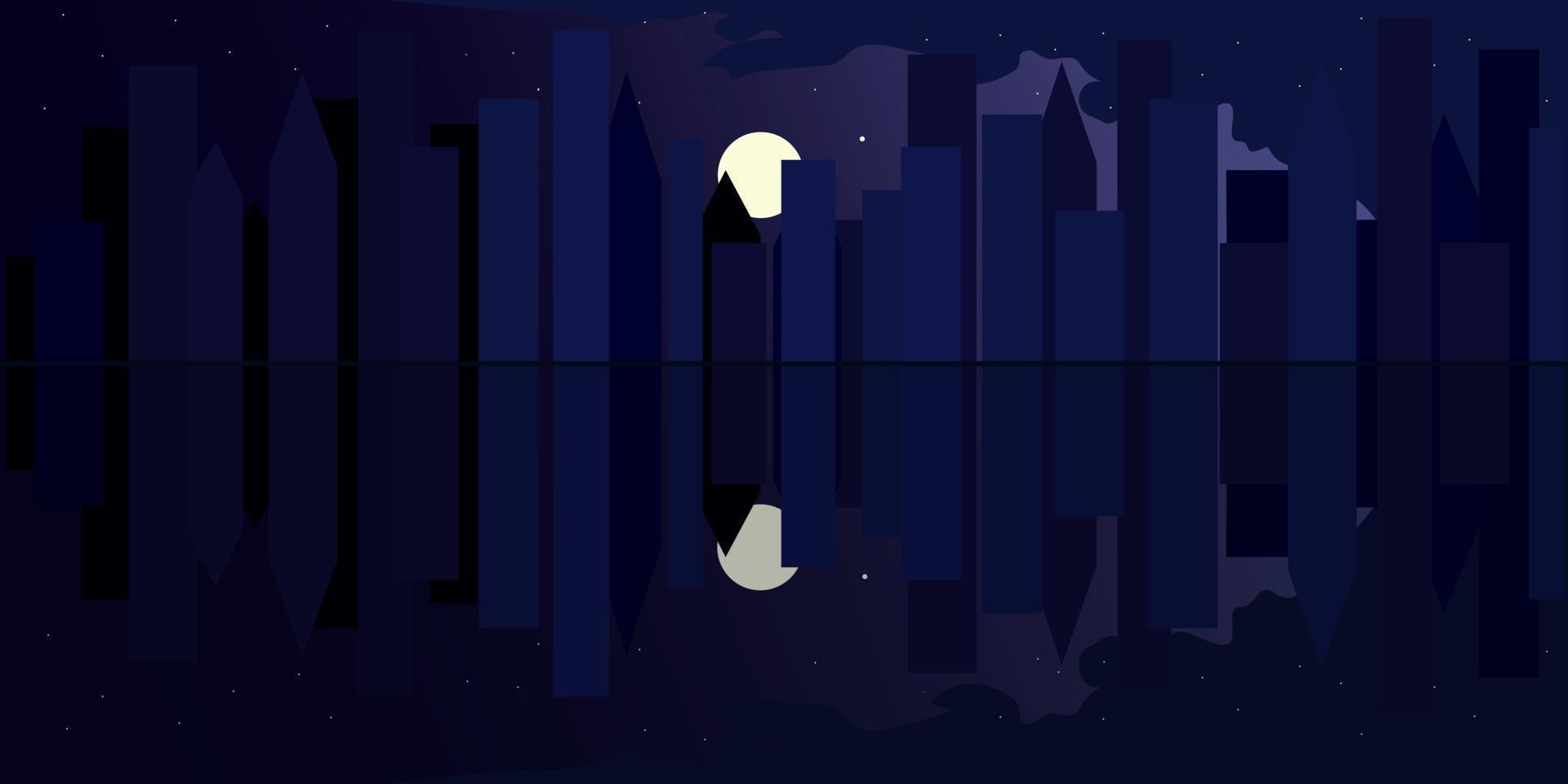 Water view of the night city under the moon, abstract vector illustration