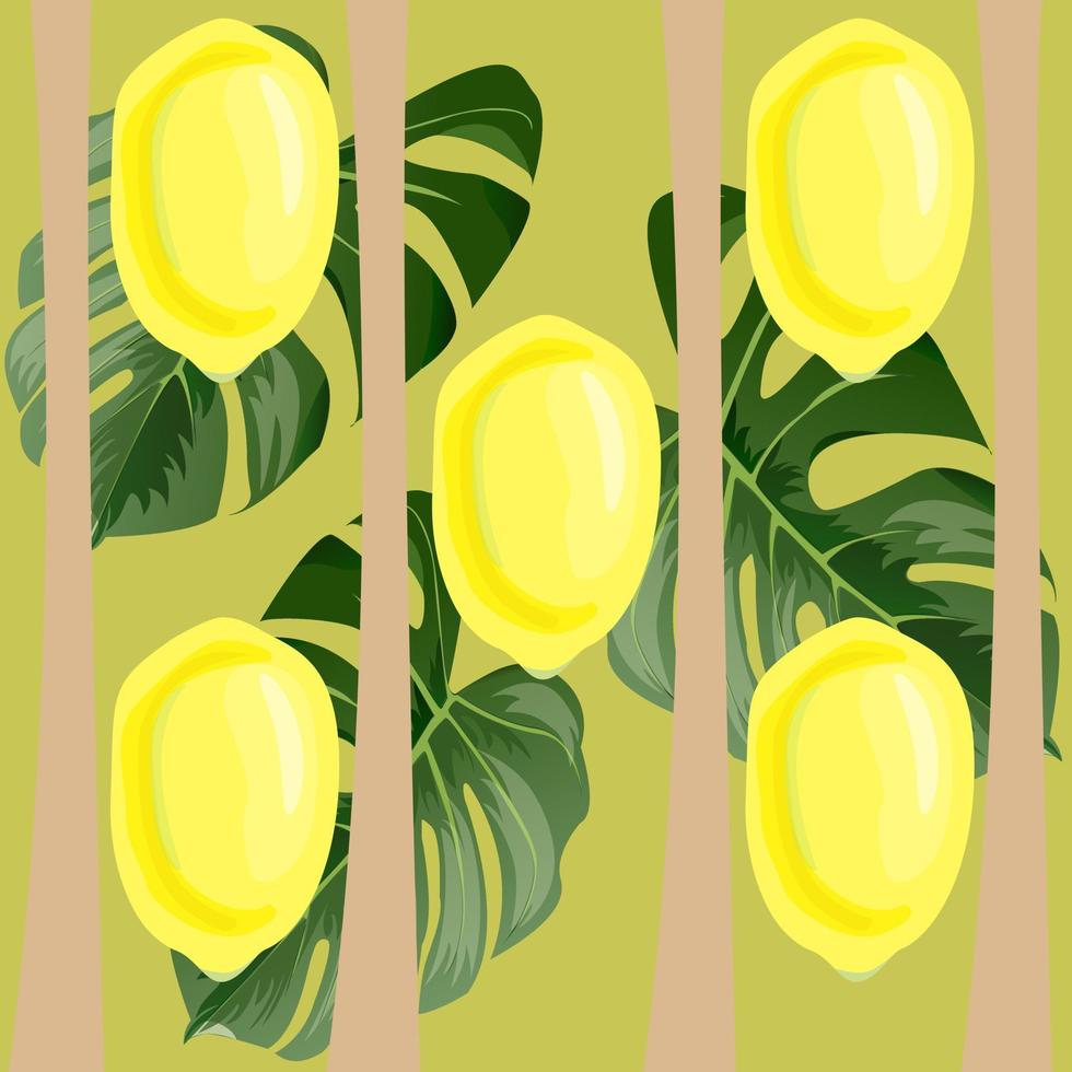 A square background of lemons and monstera leaves with vertical stripes is a bright vector illustration. Good for the cover of notebooks, notebooks, albums