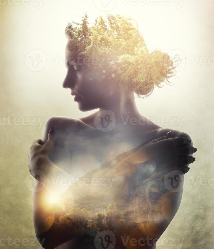 Girl with tree in hair. Double exposure photo