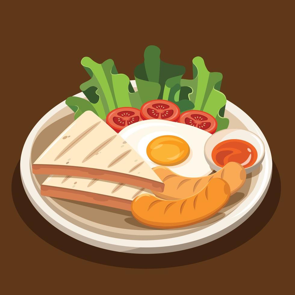Traditional British Breakfast with Fried Egg, Toast, Sausages, Sauce, Tomato and Lettuce Salad Vector Illustration