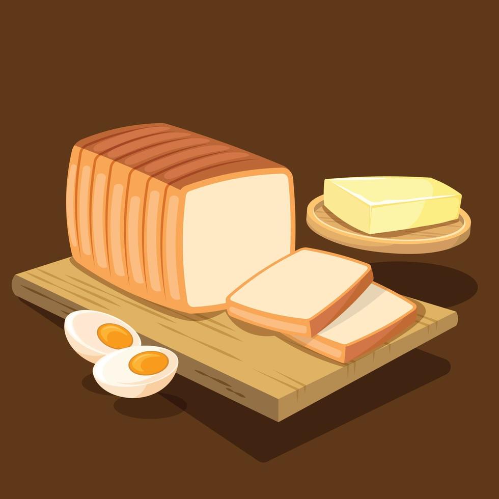 Breakfast with Loaf of Bread on Copping Board, Boiled Egg and Butter Vector Illustration