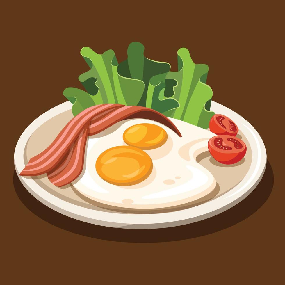 Traditional British Breakfast with Fried Eggs, Bacon, Tomato and Lettuce Salad Vector Illustration