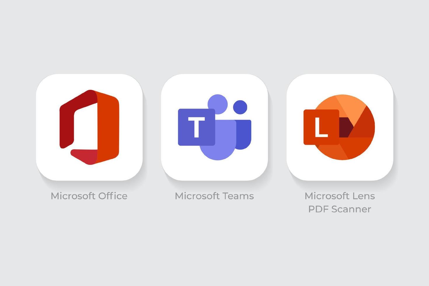 Microsoft Office, Microsoft Teams and Microsoft Lens Icons vector