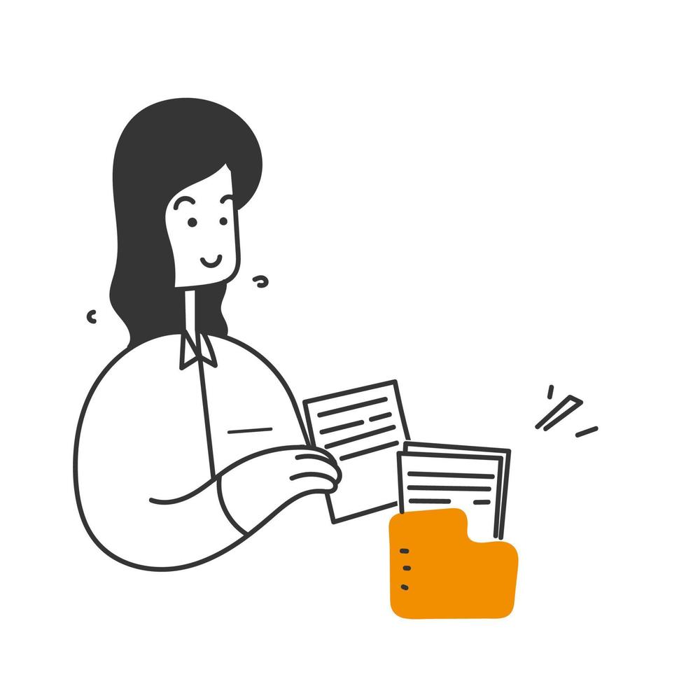 hand drawn doodle person put or take file on folder illustration vector