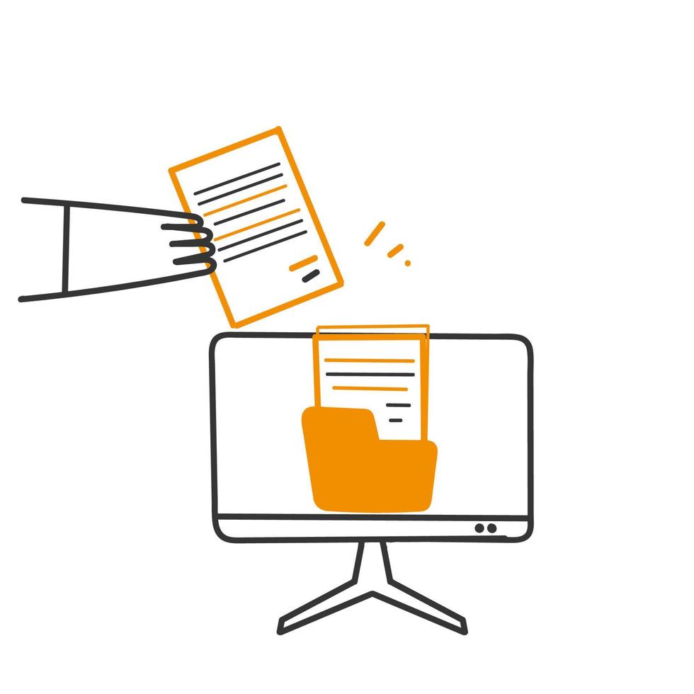 hand drawn doodle person put or take file on folder illustration vector