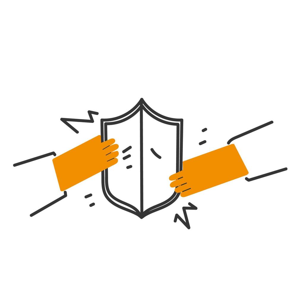 hand drawn doodle person holding shield illustration vector