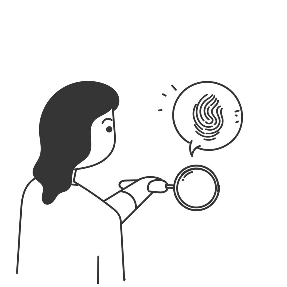 hand drawn doodle person looking through magnifying glass at fingerprints vector