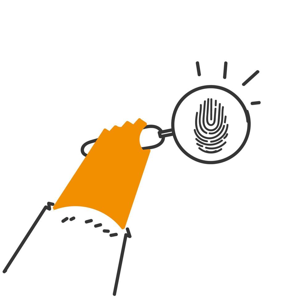 hand drawn doodle person looking through magnifying glass at fingerprints vector