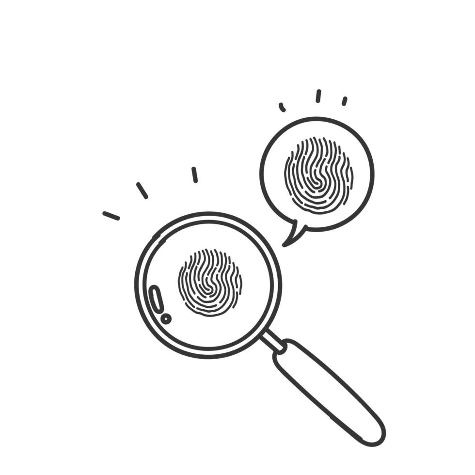 hand drawn doodle looking through magnifying glass at fingerprints vector