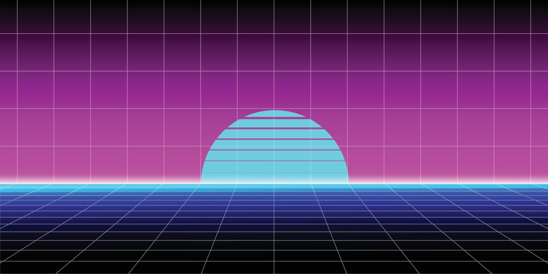 Sunset with retro futuristic wireframe and color gradient vector