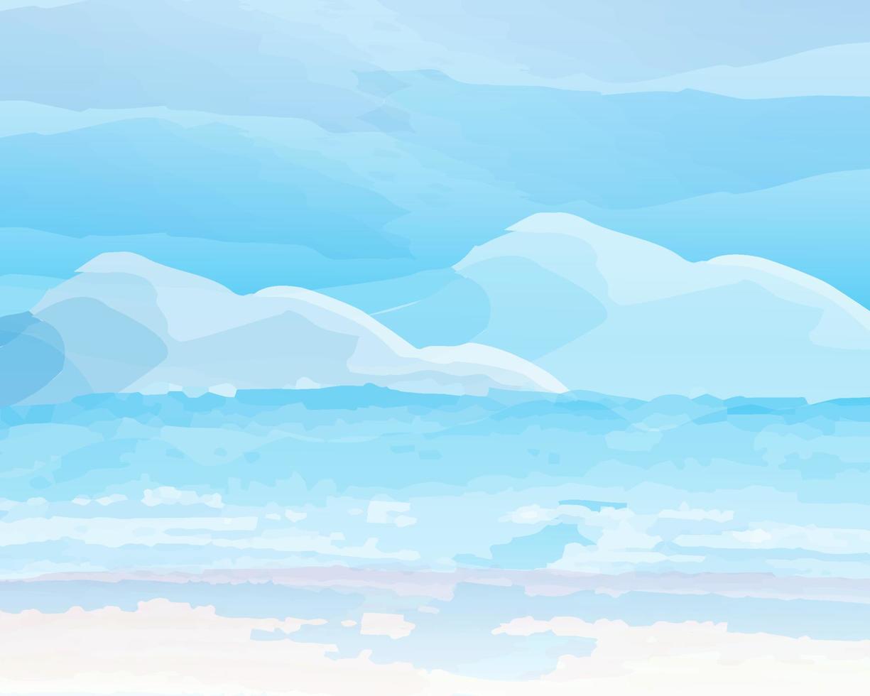 Watercolor painting bright blue beach with mountains and imaginary sky. vector